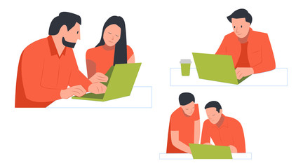 vector of people sitting using a laptop. two people working together. modern lifestyle using technology. illustration