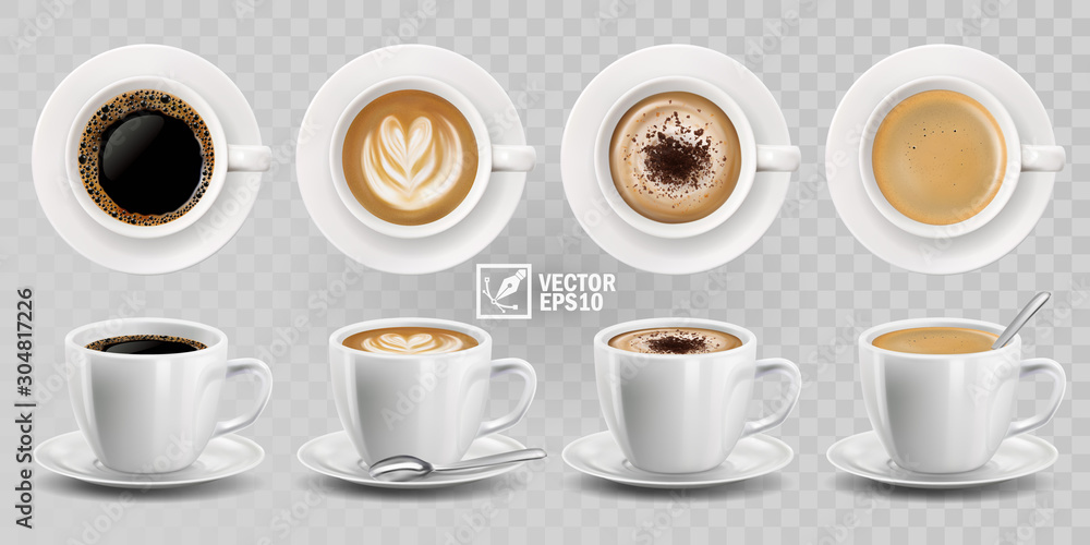 3d realistic vector isolated white cups of coffee with spoon, top and side view, cappuccino, americano, espresso, mocha, latte, cocoa - obrazy, fototapety, plakaty 