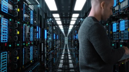 System Administrator Man With A tablet Standing In A Futuristic High Tech Server Room. Camera move forward. IT Technician 3d render concept. Crypto Currency Mining. Bitcoin farm. Prores 10 Bit mov.