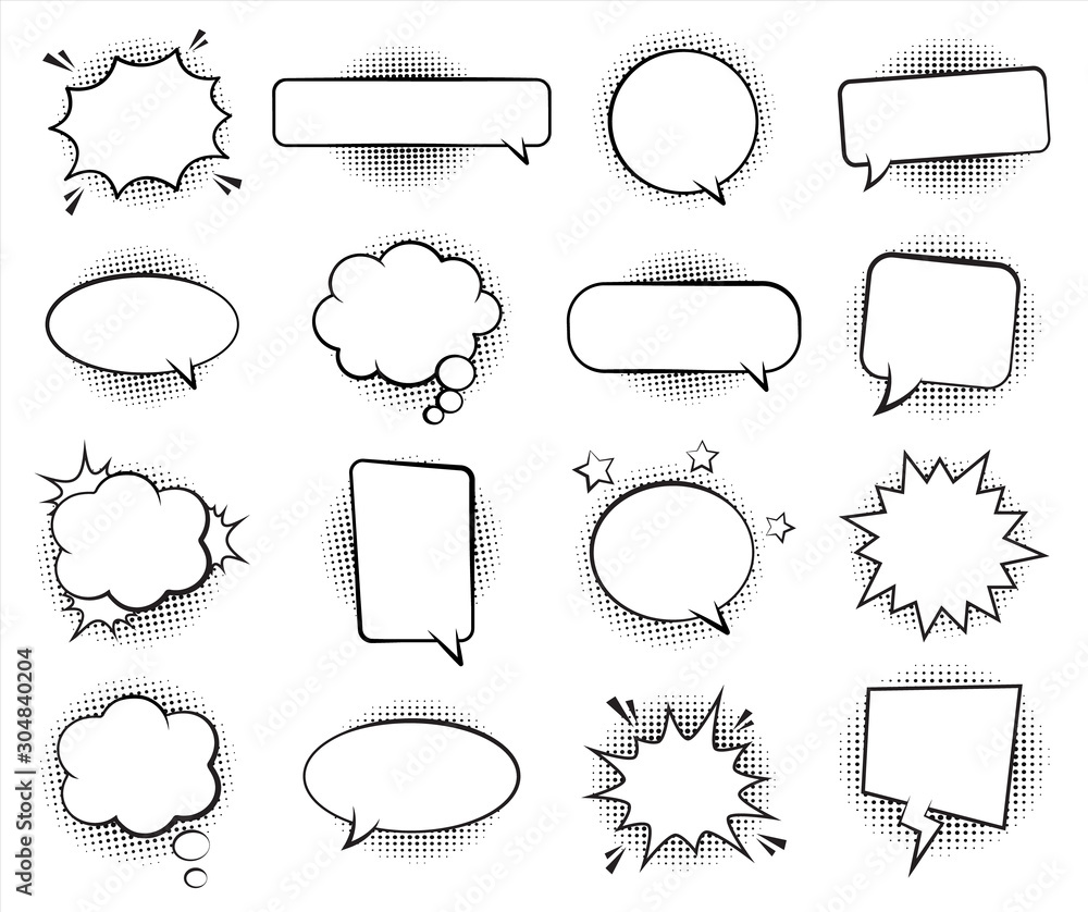 Retro empty comic bubbles and elements set with black halftone shadows ...