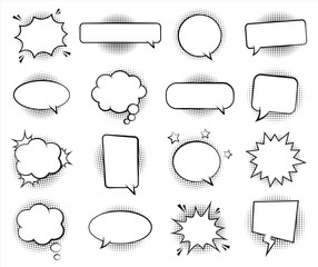 Wall Mural - retro empty comic bubbles and elements set with black halftone shadows on white background. vector i