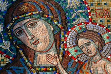 Orthodox Mosaic Icon Of The Virgin (Holy Virgin Mary) On The Wall Of An Orthodox Church In Moscow