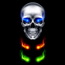 Human Metallic Skull With Blue Flaming Eyes. The Concept Of Death, Horror. A Symbol Of Spooky Halloween. Isolated Object On A Black Background, Can Be Used With Any Image