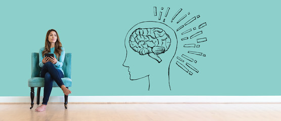 Wall Mural - Brain illustration with young woman holding a tablet computer
