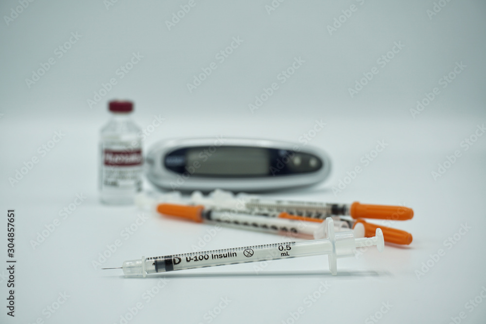 insulin bottle, disposable syringes, pump, blood glucose monitoring for ...