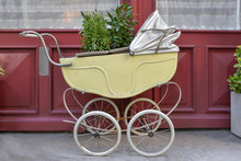 Old Vintage Baby Stroller Outdoors With Plants