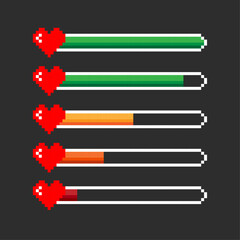 Pixel game life bar isolated on black background. Vector art 8 bit health heart bar. Gaming controller, symbols set.