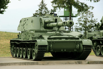 MINSK, BELARUS - JULY 2, 2016: self propelled howitzer in an open area on the Stalin Line in Minsk, Belarus