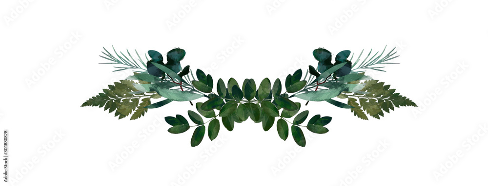 Watercolor modern decorative element.  Eucalyptus round Green leaf Wreath, greenery branches, garland, border, frame, elegant watercolor isolated, good for wedding invitation, card or print - obrazy, fototapety, plakaty 