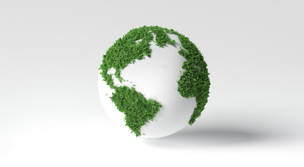 ecology concept of green earth globe made of leaves on bright gray background, 3d render