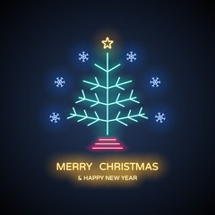 Wall Mural - Neon light of Merry Christmas tree and happy new year on blue color background