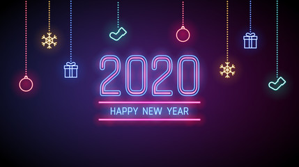 Wall Mural - Happy new year 2020 in neon light bauble Christmas ball element on red and blue color background