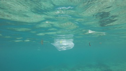 Canvas Print - Plastic pollution in ocean. Underwater video of plastic bags, cups and straws 