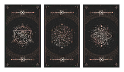 Wall Mural - Vector set of three dark backgrounds with sacred symbols, grunge textures and frames. Illustration in black and gold colors.
