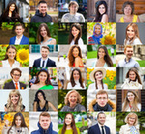 Fototapeta  - Collage of photos of young and real happy people over 16 years old