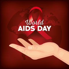 Wall Mural - poster world aids day with hand and ribbon vector illustration design