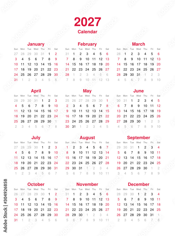 Calendar 2027 - 12 months yearly vector calendar in year 2027 ...