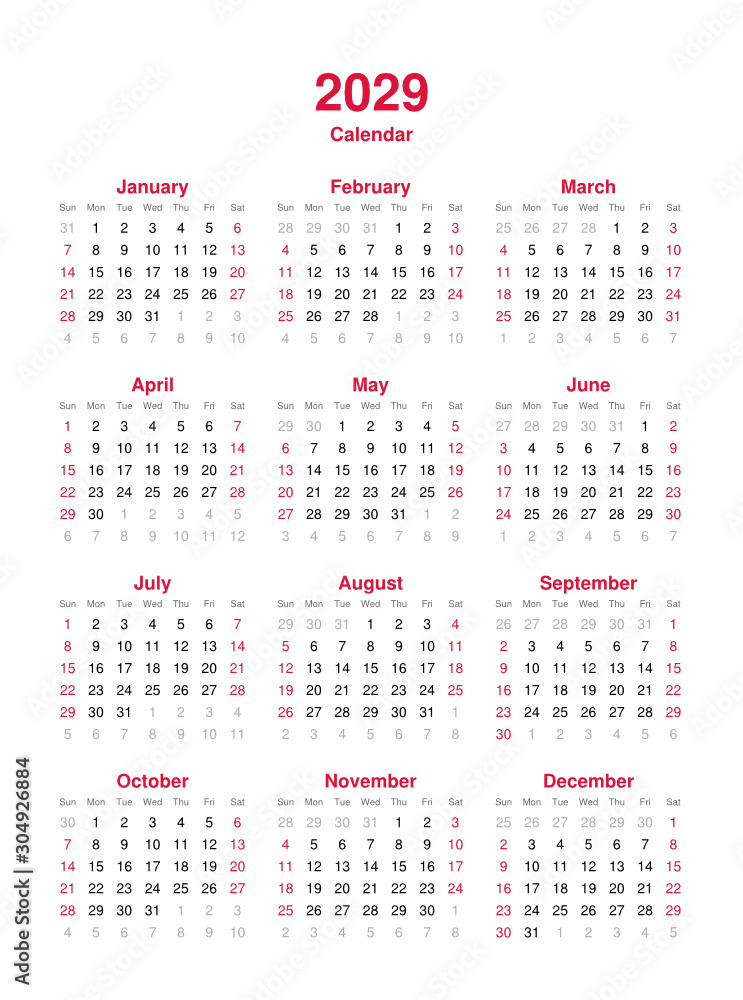 Calendar 2029 - 12 months yearly vector calendar in year 2029 ...