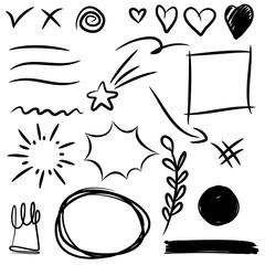 Wall Mural - Hand drawn set elements. Arrow, heart, love, speech bubble, star, leaf, sun,light,check marks ,crown, king, queen,Swishes, swoops, emphasis ,swirl, heart, for concept design.