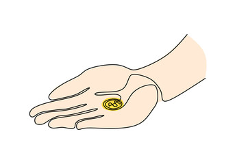 Wall Mural - Continuous one line drawing of hand holding money of dollar coin. Vector illustration simplicity sketch hand drawn minimalism.