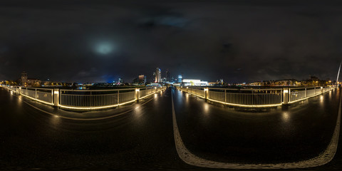 Wall Mural - full seamless spherical night panorama 360 degrees angle view on pedestrian bridge in equirectangular projection, ready for VR AR virtual reality