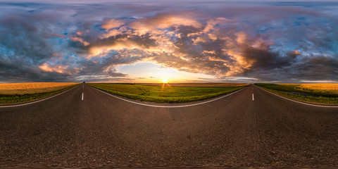 Wall Mural - full seamless spherical hdri panorama 360 degrees angle view on asphalt road among fields in summer 