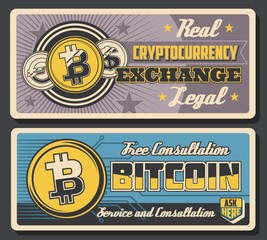 Aufkleber - Bitcoin cryptocurrency exchange, crypto currency transactions blockchain vintage posters. Vector digital money mining and crypto coins payment technology, online banking and bitcoin exchange