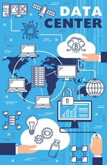 Fototapete - Cloud storage, internet data center and hosting server network technology. Vector digital information storage system, files security and protection infrastructure and web security