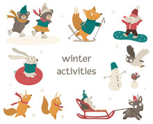 Vector Set Of Cute Woodland Animals Doing Winter Activities. Funny Forest Characters With Ski, Skates, Sleigh, Snowboard, Snowman. .
