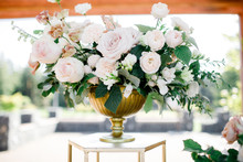 Beautiful Vase Of Roses. Wedding Decor. Luxury Bouquet 