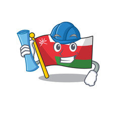 Cheerful flag oman on Architect cartoon style holding blue prints