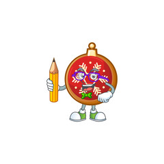 Poster - Cool smart red christmas ball student character holding pencil.