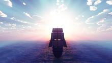 Old Ship Sunset At Sea