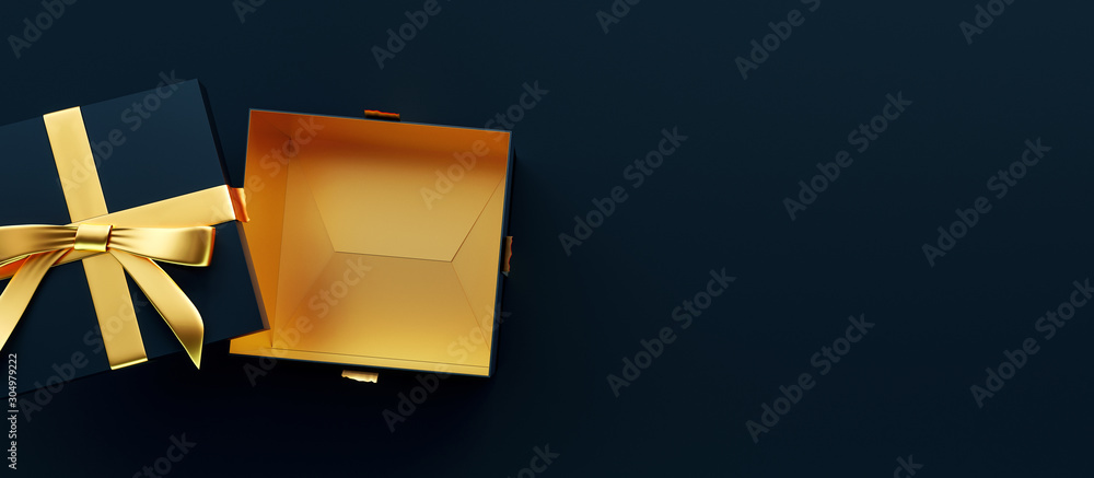 Opened gift box with golden bow on black background 3D Rendering Stock ...