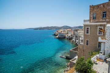 Vaporia area in Syros island main capital, Ermoupoli, also known as little venice at summer time, Syros is located in Cyclades, Greece