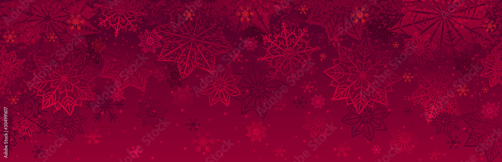 Red christmas banner with snowflakes. Merry Christmas and Happy New Year greeting banner. Horizontal new year background, headers, posters, cards, website.Vector illustration - obrazy, fototapety, plakaty 