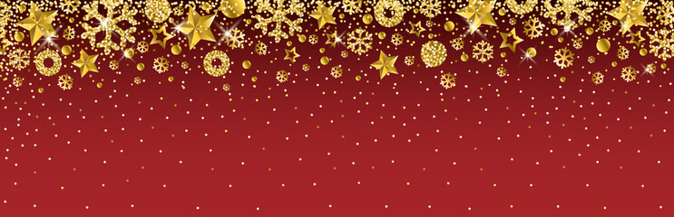 Wall Mural - red christmas banner with golden glittering snowflakes and stars. merry christmas and happy new year
