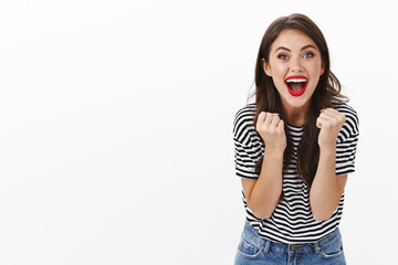 come on you can do it. cheerful supportive girlfriend rooting for favorite team, feeling lucky upbea