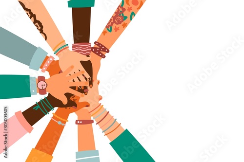 Fotomural Hands together - set of different races raised up hands