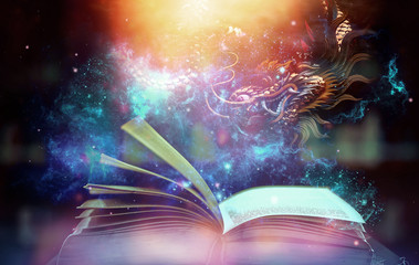 magic book with light and shine an amazing story book with stars, and magic dragons. and sparkling l