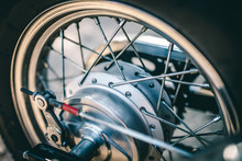 Close Up View On Wheel And Spokes Of Motorcycle