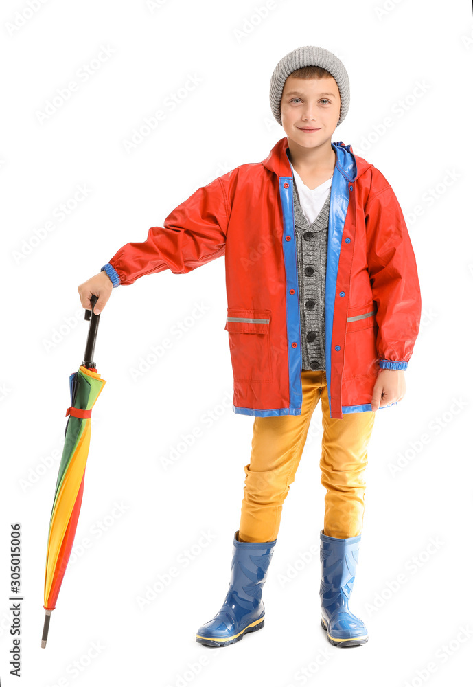 Portrait of cute boy with umbrella on white background