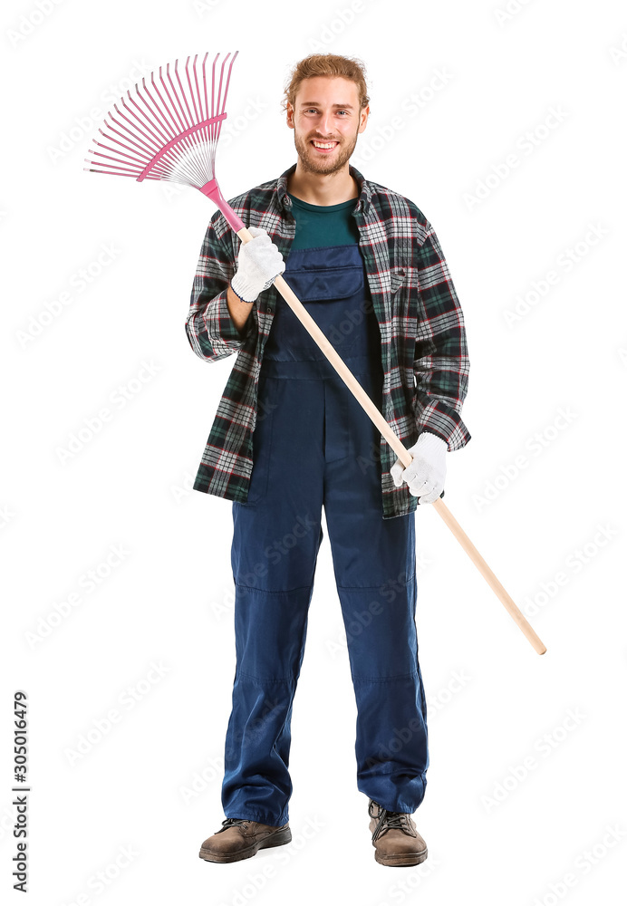 Man with rake for autumn leaves clean-up on white background