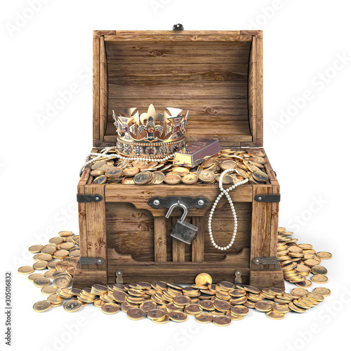 Fotografía Open treasure chest filled with golden coins, gold and jewelry isolated on white background