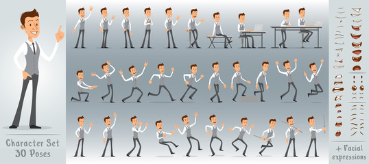 cartoon flat cute funny business office boy character in jerkin with tie. 30 different poses and fac
