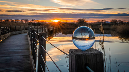 Pont de bois au milieu d'un étang avec une lensball en Camargue, France.	