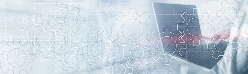 Wall Mural - Gears mechanism on panoramic business background. Success Concept.