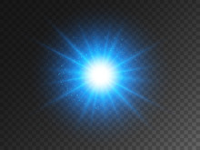 Blue Glowing Star On Transparent Backdrop. Christmas Light Effect With Magic Particles. Bright Glitter And Glare. Magical Explosion And Stardust. Big Energy Flash. Vector Illustration