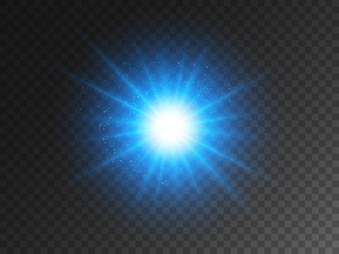 Fototapete - Blue glowing star on transparent backdrop. Christmas light effect with magic particles. Bright glitter and glare. Magical explosion and stardust. Big energy flash. Vector illustration