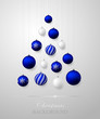 Christmas background with blue and white Christmas balls in the form of a Christmas tree. Can be used for greeting card, banner, poster, invitation.